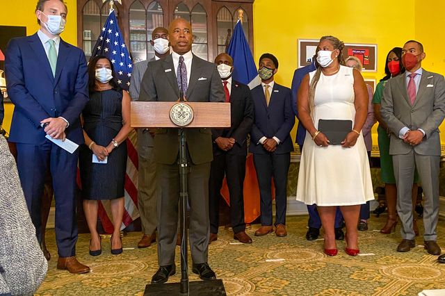 Mayor Eric Adams and fellow members of Mayors Against Illegal Guns share plans to curb a nationwide spike in shootings at Gracie Mansion Wednesday.